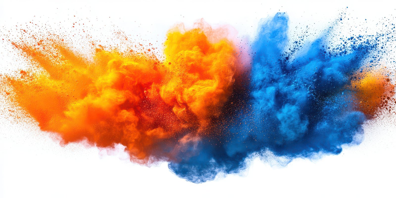 Colorful explosion of orange and blue powder resembling a vibrant artistic display at a festival